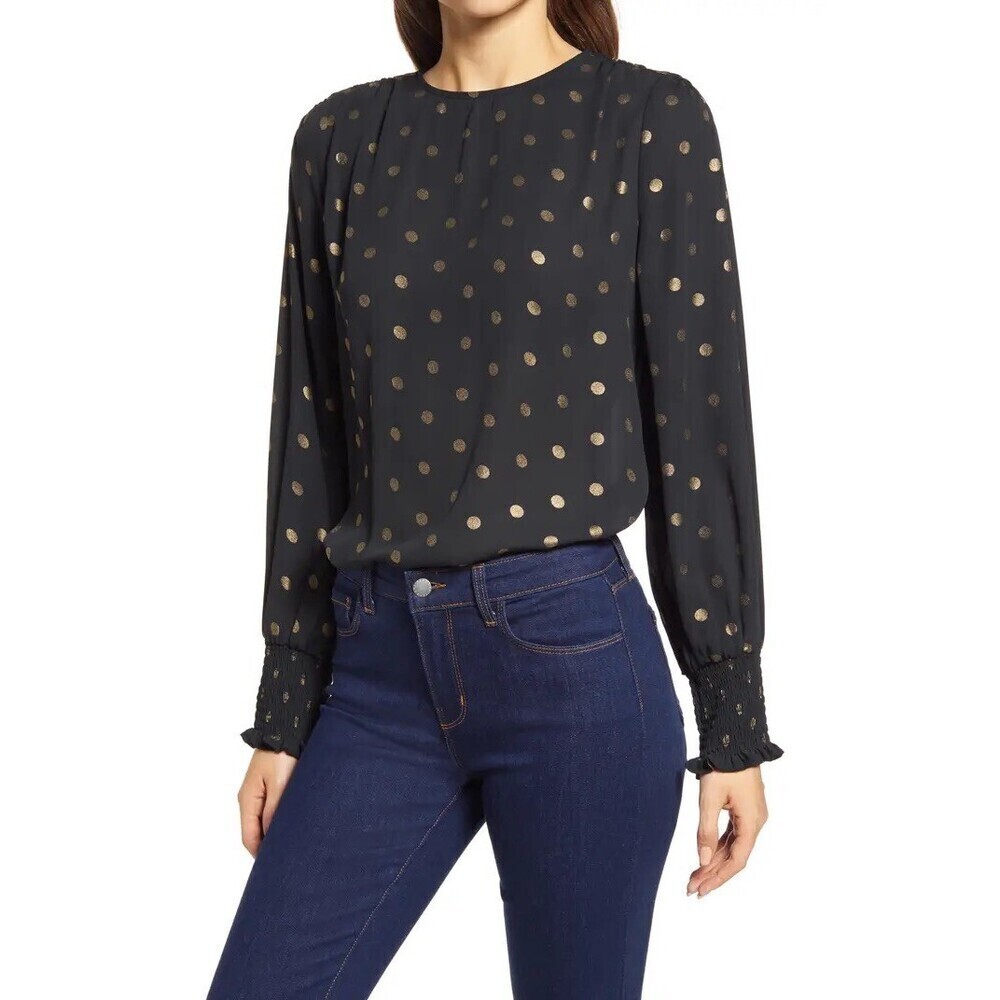 Halogen Metallic Dot Popover Long Sleeve Blouse With Smocked Cuffs Black Size S